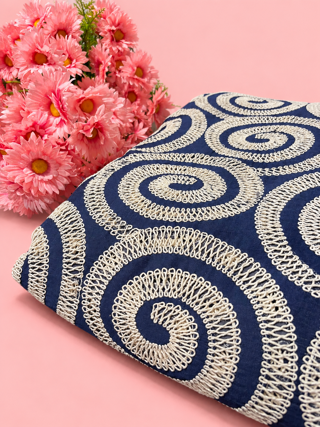 Embroidered Denim Fabric - Spiral Pattern (56")