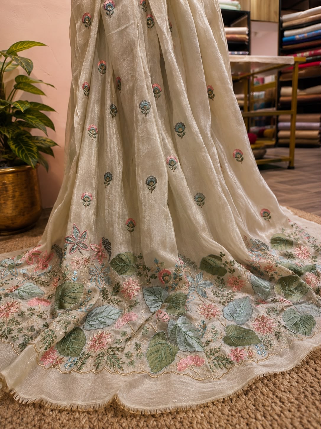 Tissue Zari Embroidery Fabric with Scalloped Border - 56"
