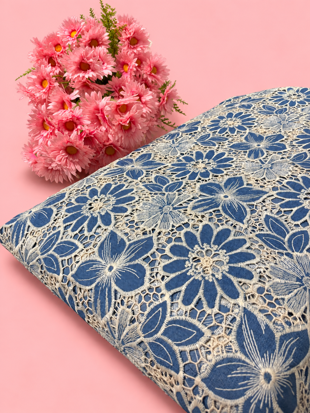 Denim Floral Cutwork Fabric - 56"