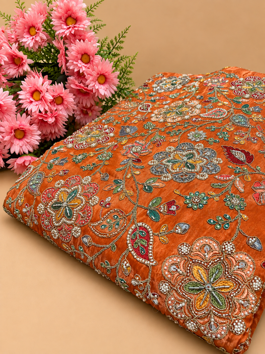 Tissue Zari Embroidery Fabric - Rust Orange (44")